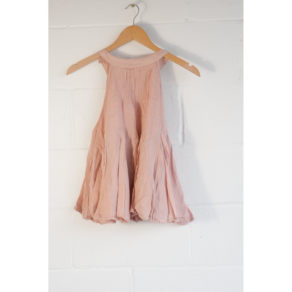 Free People Tank Top Women Extra Small Pink Pintuck Pleated Gauze Halter Boho